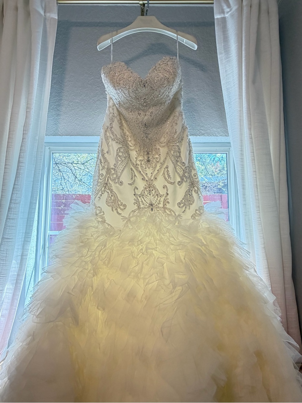 Winnie Couture Ivory Beaded Mermaid Gown with Ruffled Organza Skirt